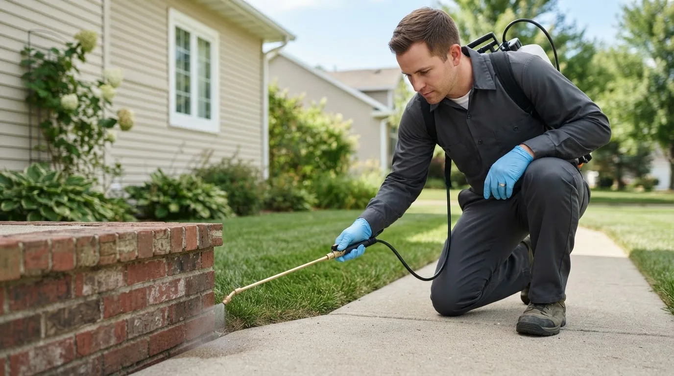 Pest control technician treating a home near East Waterford, PA