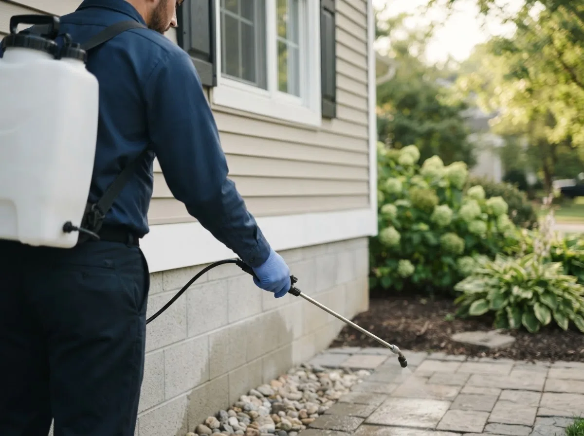 Pest control technician inspecting a home in East Waterford, PA
